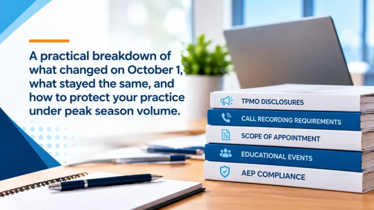 PY2027 Medicare marketing rules graphic highlighting TPMO disclosures, call recording requirements, scope of appointment, educational events, and AEP compliance.